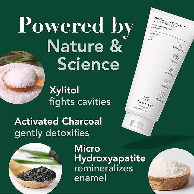 Terra & Co. Brilliant Black Hydroxyapatite Toothpaste for Whitening Teeth – USA-Made - Natural Remineralizing Toothpaste, Fluoride-Free, Vegan, SLS-Free, Low Abrasion – Mint, 3.4 oz