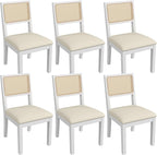 Westice Rattan Dining Chairs Set of 6, Farmhouse Natural Dining Room Chairs with Upholstered Cushion, Wood Armless Chairs for Kitchen/Restaurant, White