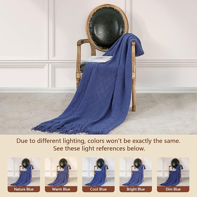 inhand Navy Blue Throw Blanket for Couch and Bed, Soft Living Room Home Decor Knitted Blanket with Tassel, Outdoor Lightweight Breathable Summer Blanket, Farmhouse Warm Woven Decorative, 50"x60"