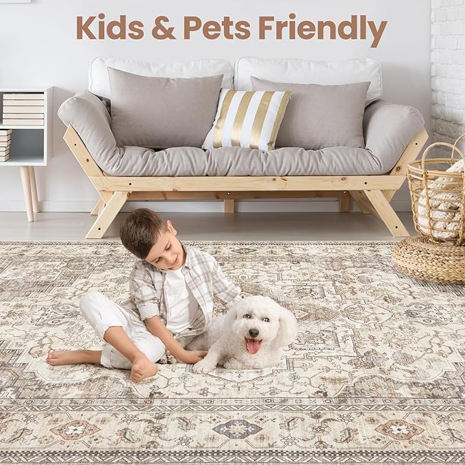 Washable Area Rugs for Living Room - 8x10 Neutral Vintage Distressed Floral Farmhouse Boho Large Soft Floor Rug Indoor Non Slip Carpet for Bedroom Dining Room Office - Brown/Multi