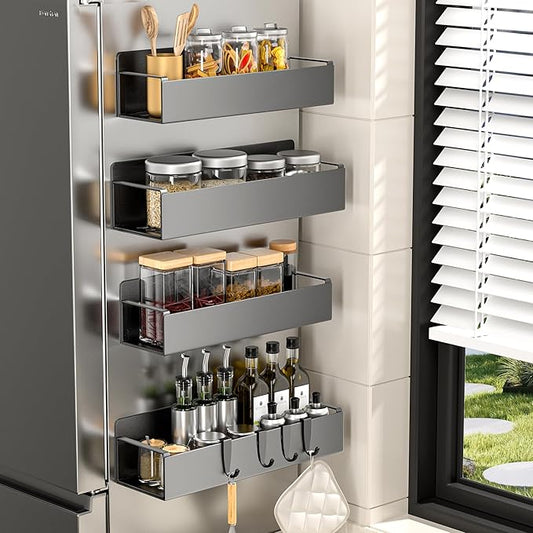 4 Pack Magnetic Spice Rack for Refrigerator, Black Magnetic Shelf for Kitchen Organizer and Storage, Mini Organizers for Oven and Fridge with 4 Hooks