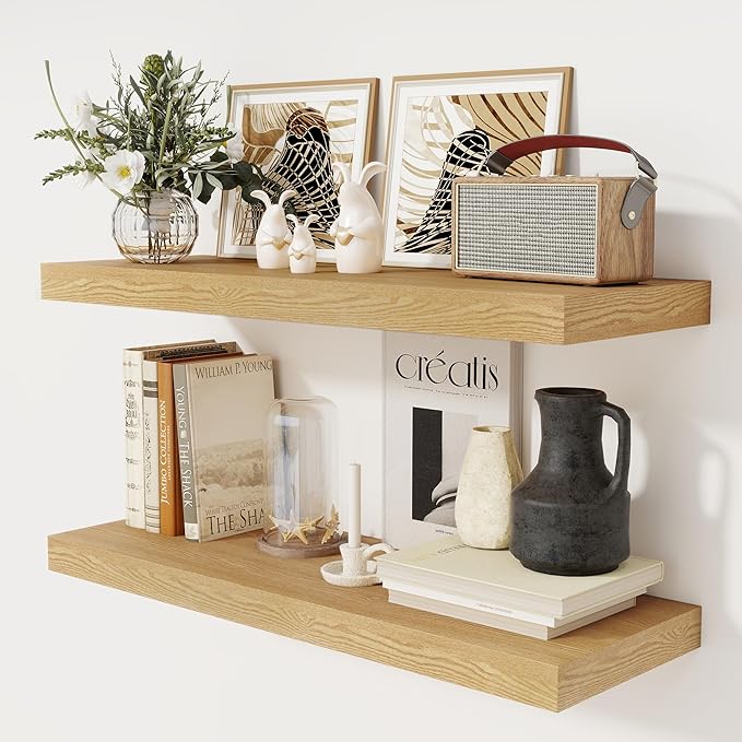 Floating Shelves 36 Inch Long, 12 Inch Deep Floating Shelves for Wall, 36 x 12 Shelves for Wall Storage & Display, 2" Thick Floating Shelf for Bathroom, Living Room, Bedroom, Oak Color, Set of 2