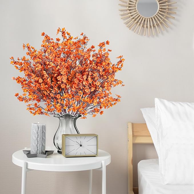 Sggvecsy 15 Pcs Babys Breath Artificial Flowers Gypsophila Bouquets Bulk Real Touch Fake Silk Flowers for Home DIY Floral Arrangement Table Centerpiece Fall Autumn Decoration (Fall Orange)