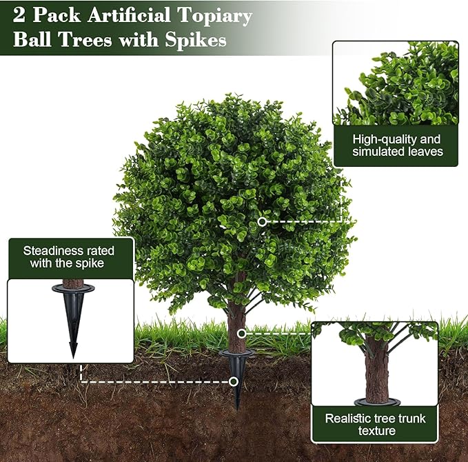 Artificial Boxwood Topiary Outdoor Plants with Spike, 2 Pack Faux Bushes UV Resistant Fake Shrubs for Front Porch Décor