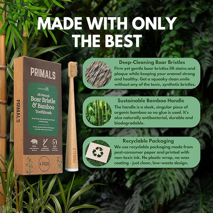 PRIMALS Boar Bristle & Bamboo Toothbrush (4-Pack) - Premium Boar Bristles - Fully Biodegradable - Plastic & Nylon Free - Quick Dry Design