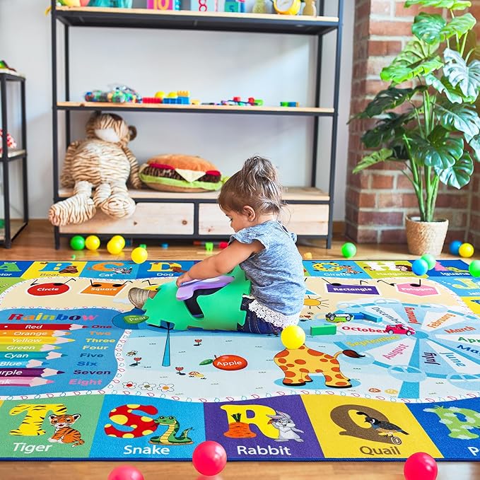 Kids Rugs for Playroom Bedroom Classroom Nursery, Non-Slip and Washable Rugs for Children Toddlers Girls, Educational and Fun Rug Carpets with ABC Alphabet Animals Shapes, 6x9, Blue