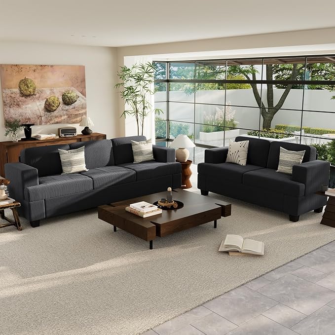 2 Pieces Corduroy Couch Set for Living Room, Black Cloud Sofa, Deep Seat Floor Couch for Bedroom, Futon Modern Sofa Sectional Bed, Black Corduroy