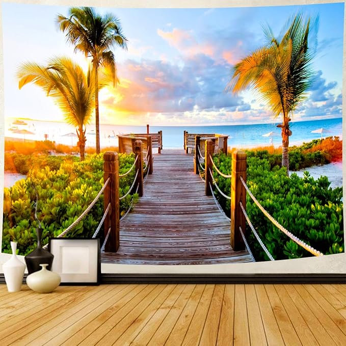 Delur Beach Sunset Tapestry Tropical Seaside Palm Tree Coastal Tapestry Wall Hanging Sunrise Nature Landscape Scenic Psychedelic Headboard for Bedroom Living Room Home Decor (51.2" x 59.1")