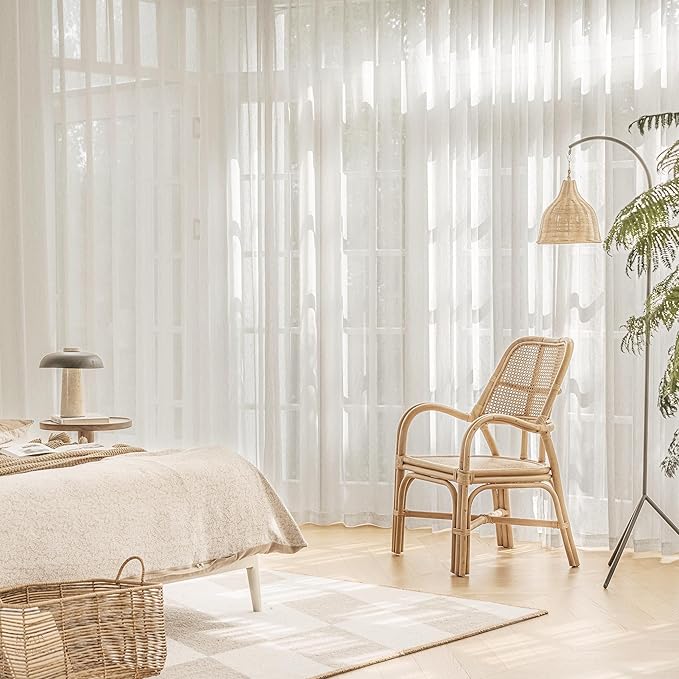 FMFUNCTEX Linen Sheer Pinch Pleated Curtains for Bedroom, Linen Flax Beige 72 Inches Long Sheer Curtain See Through Panels for Living Room, Natural Window Drapes for Farmhouse, Rod Pocket 2 Panels
