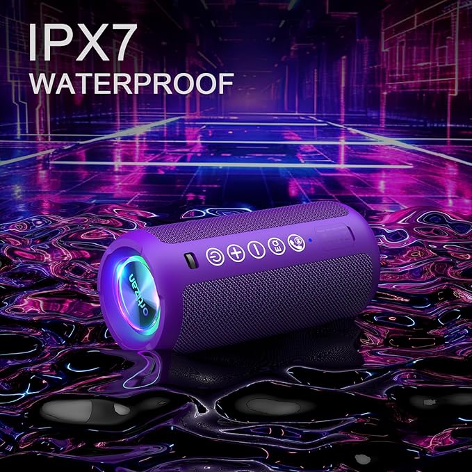 Ortizan Portable Bluetooth Speaker: IPX7 Waterproof, 24W Loud Sound, Deep Bass, Bluetooth 5.3, LED Lights, Wireless Stereo Pairing, 30H Playtime, for Home/Outdoor/Party/Beach, Birthday Gift (Purple)
