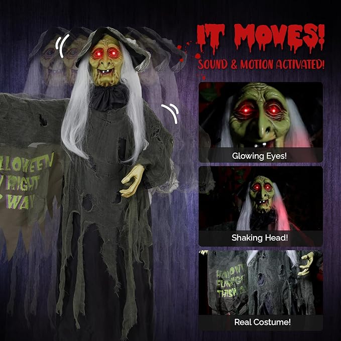 AW Animated Halloween Decorations,Scary Witch,6 FT Life Size Standing Clown,Motion/Sound Activated LED Eyes Creepy Sound,Haunted House Props,Party Outdoor Indoor Lawn Yard Patio 2025