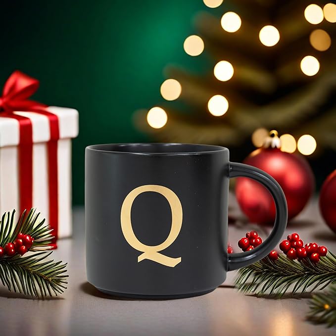 COLLECTIVE HOME - Monogram Ceramic Mugs, 15 oz Golden Initial Black Coffee Cups, Elegant Alphabet Tea Mugs, Elegant Personalized Mug with Gift Box, Unique Mug with Double Side Capital Lette (Q)