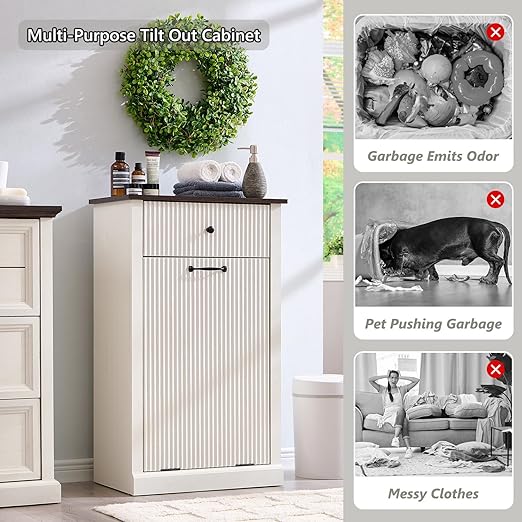 Modern Tilt-Out Trash Can Cabinet, 10 Gallon Fluted Laundry Hamper Cabinet with Drawers, Wooden Hidden Garbage Can Cabinets with Storage Basket, Free Standing for Kitchen and Living Room, White