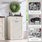 Modern Tilt-Out Trash Can Cabinet, 10 Gallon Fluted Laundry Hamper Cabinet with Drawers, Wooden Hidden Garbage Can Cabinets with Storage Basket, Free Standing for Kitchen and Living Room, White