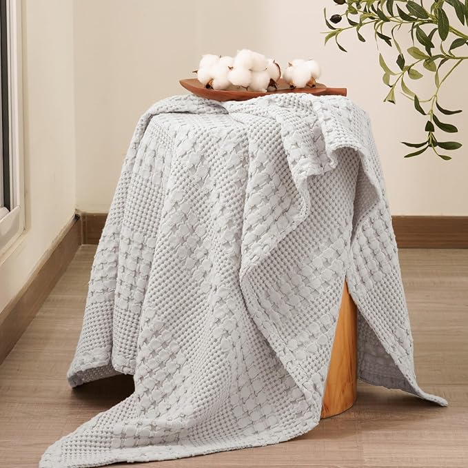 PHF 100% Cotton Waffle Weave Throw Blanket, Soft Lightweight Breathable Cozy Summer Throws for Couch Bed Sofa, Luxury Aesthetic Woven Blanket for Home Decor & Office, 50"x60", Light Grey