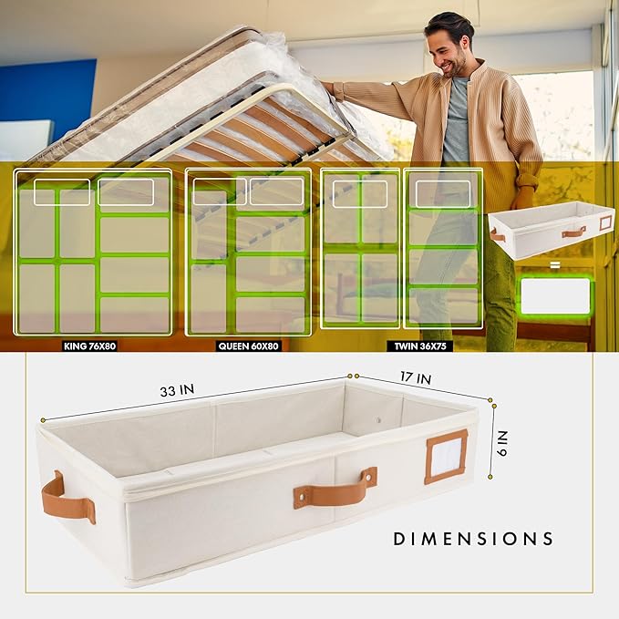 HOMELUX THEORY 2pc Under Bed Storage Containers, Bedroom Under the Bed Drawer Storage Organizer with Bins and Lids, Large Underbed Clothes Storage Box Ideal for Blanket, Fabric, & Shoes (Ivory)