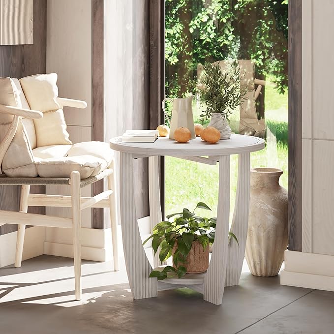 Rustic Farmhouse End Table Set of 2 with Storage Shelf - White Distressed