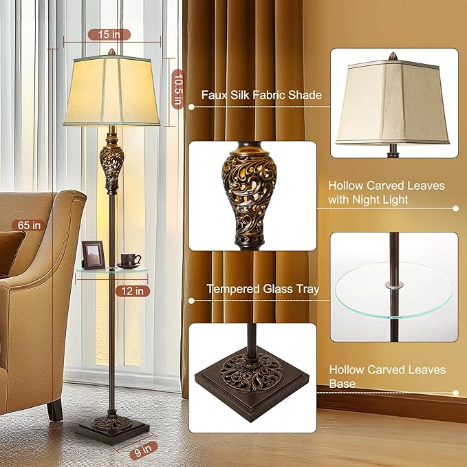 Rustic Floor Lamp for Living Room with Nightlight and Glass Tray, Vintage Standing Lamp with Beige Faux Silk Shade, Farmhouse Tall Lamp for Bedroom Study Home Office Hotel Bar - Brown (Bulb Included)