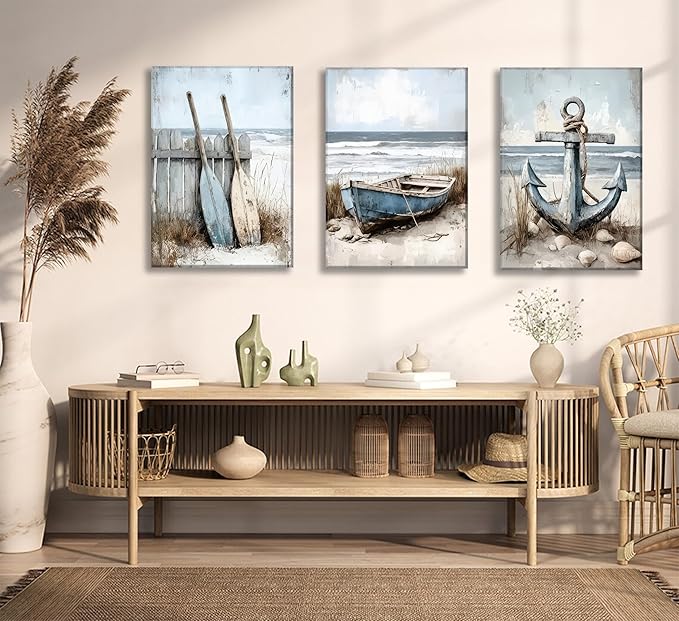 3Pcs Coastal Beach Canvas Wall Art Sailboat Paddle And Anchor Paintings Pictures Wall Decor Nautical Posters Prints Artwork Suitable for Living Room Bedroom Home Office Corridor Home Decroation