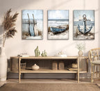 3Pcs Coastal Beach Canvas Wall Art Sailboat Paddle And Anchor Paintings Pictures Wall Decor Nautical Posters Prints Artwork Suitable for Living Room Bedroom Home Office Corridor Home Decroation