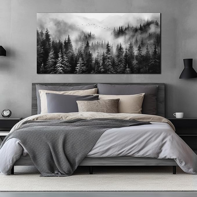 Large Pictures for Living Room Foggy Forest Canvas Wall Art for Bedroom Black Home Office Wall Decor 29 x 59 Inch