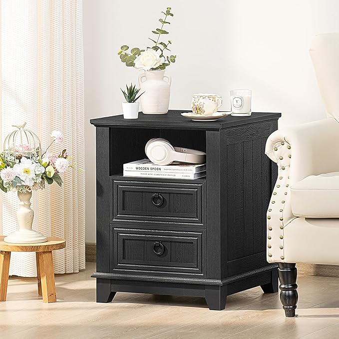 18" Night Stands Set of 2 with Charging Station, Farmhouse 2 Drawers End Table Dresser for Bedroom, Black Wooden Nightstand, Bed Side Table with Open Shelf, Bedside Cabinet for Living Room