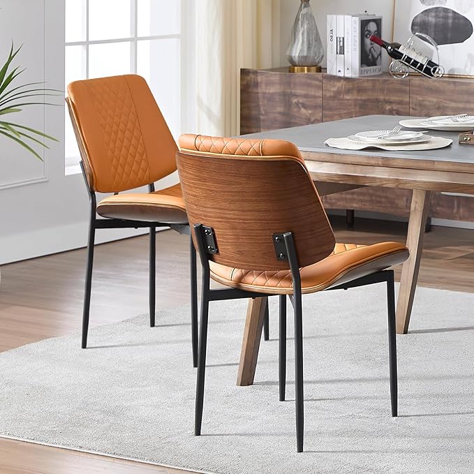 BV Dining Chairs Set of 2, PU Leather Armless Kitchen Chair in Modern Walnut Style, Mid Century Bentwood Side Chair with Metal Legs, Retro Accent Guest Chair for Kitchen Dining Room(Brown)