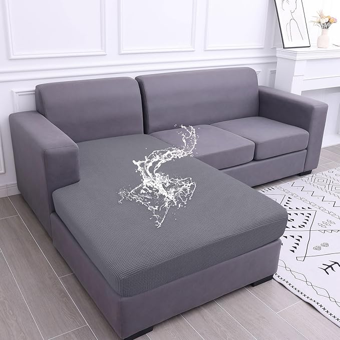 hyha Waterproof Sectional Couch Covers, Non Slip Sofa Couch Cushion Covers L Shape, Thick Stretch Jacquard Fabric, Washable Sofa Slipcovers with Elastic Bottom (1 Piece for Chaise, Middle Grey)
