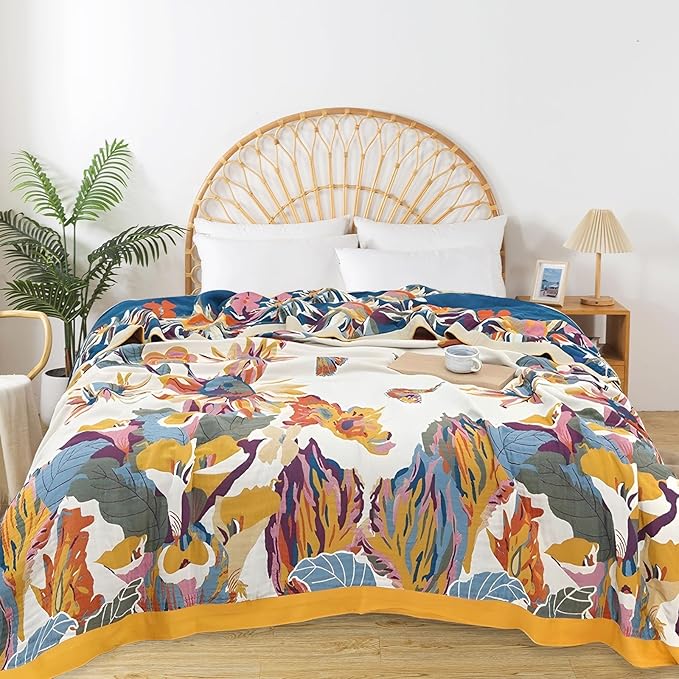 Boho Throw Blanket for Bed - 100% Pure Organic Cotton Ultra Soft Rustic Quilt - Farmhouse Decor Bed Blankets, All Season Rustic Throw for Sofa Couch Chair(91''x 98'', Floral)