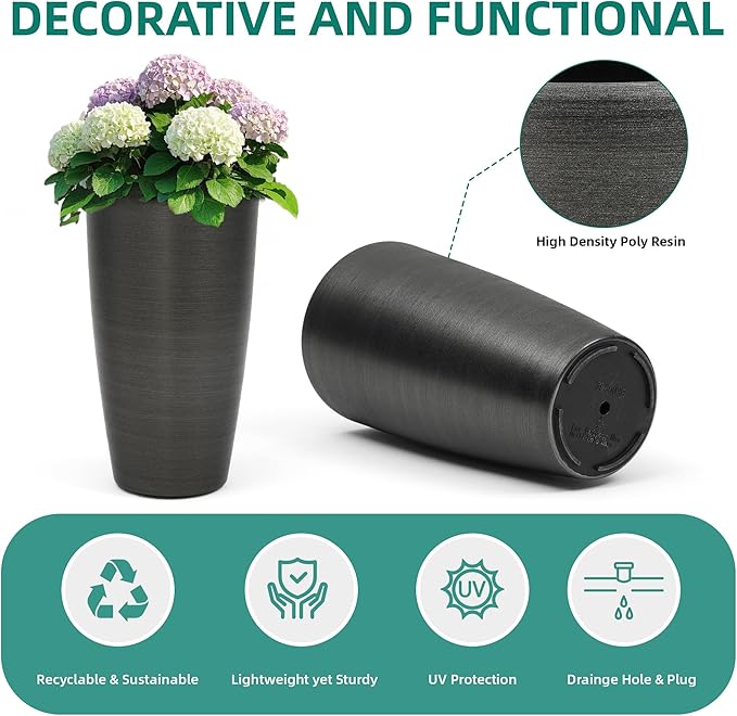 22.8" Resin Planters for Outdoor Plants, Set of 2 Modern Large Flower Pots with Handmade Brushed Metal Finish, Weather Resistant for Indoor/Outdoor Year-Round Use