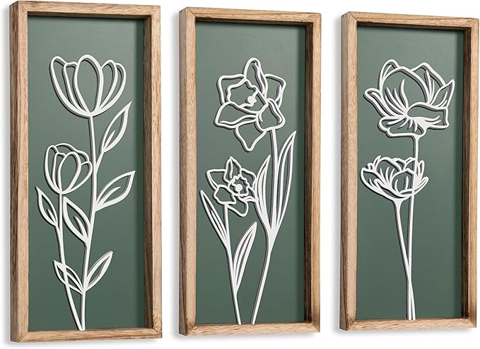 3D Floral Green Wall Art (Set of 3) Lightweight, Wooden Ready-to-Hang Boho Framed Wall Art for Bathroom, Master Bedroom, Living Room or Office - Premium Sage Green Farmhouse Decor - Gift-Boxed