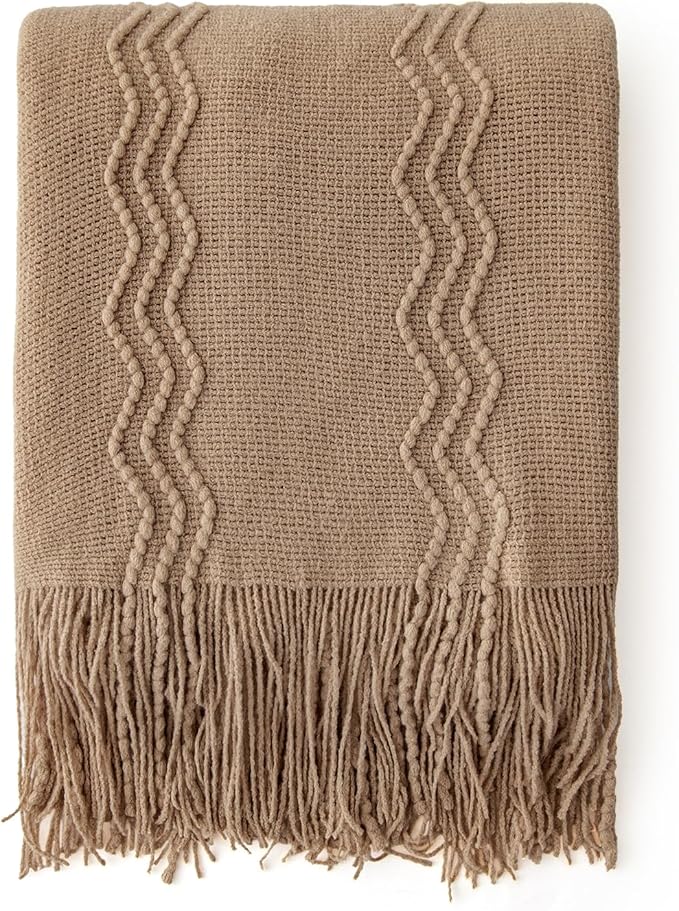 MIULEE Tan Taupe Knitted Throw Blanket for Couch Boho Textured Cozy Woven Blanket with Tassels for Sofa Chair Bed Living Room Farmhouse Home Decor Acrylic Wave Pattern 50"x60"