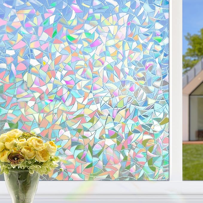HIDBEA Window Privacy Film Static Clings, Rainbow Window Film, 3D Decals Non-Adhesive Window Vinyl Film for Home Door, 29.5 Inch x 6.5 Feet
