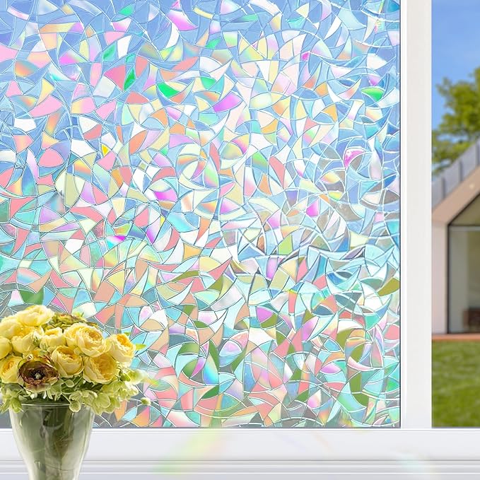 HIDBEA Window Privacy Film Static Clings, Rainbow Window Film, 3D Decals Non-Adhesive Window Vinyl Film for Home Door, 23.6 Inch x 6.5 Feet