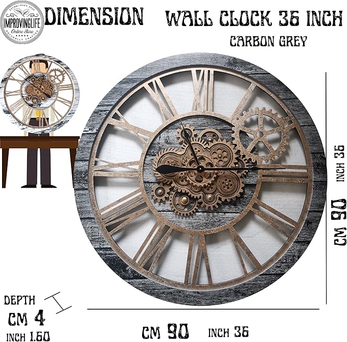 The Gears Clock 36'' Inch Real Moving Gear Wall Clock Vintage Industrial Oversized Rustic Farmhouse (Vintage Carbon Grey and Bronze)