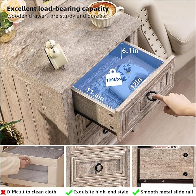 18" Farmhouse Night Stands Set of 2 with Charging Station, 2 & 3 Drawers End Table Dresser for Bedroom, Oak Wooden Nightstand, Bed Side Table with Open Shelf, Bedside Cabinet for Living Room