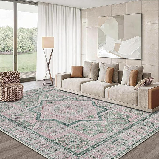 DCX Washable 8x10 Area Rug, Soft Machine Washable Non Slip with Rubber Backing Vintage Rug, Kid & Pet Friendly Living Room Area Rugs 8x10, Foldable Rugs for Bedroom Dining Room Office-Pink & Green