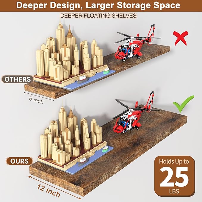 12 Inch Deep Floating Shelves for Wall 3 Pack Floating Shelves Large Storage Space Wall Mount Shelf for Living Room Kitchen Bathroom 30" W x 12" D x 1.2" H Rustic Brown