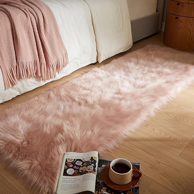 AMTOVO Faux Fur Rug, Pink Ultra Soft Fluffy Shag Sheepskin Rug, 2 x 6 ft Runner Area Rugs for Bedroom Sofa Throw Cushion Room Decor, Rectangle