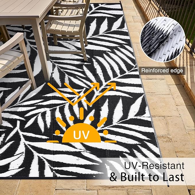 OLANLY Waterproof Outdoor Rug 9x12 ft, Reversible Outdoor Plastic Straw Rug with Leaf Pattern, RV Mat, Indoor Outdoor Carpet for Patio, Camping, Balcony, Deck, Backyard, Black & White