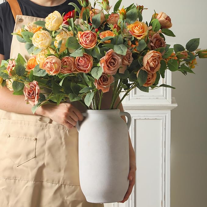 Large Flower Vase Home Decor - 12 inch Tall Ceramic Farmhouse White Rustic Table Vases with Handle Living Room Decoration Decorative Modern for Fireplace Kitchen