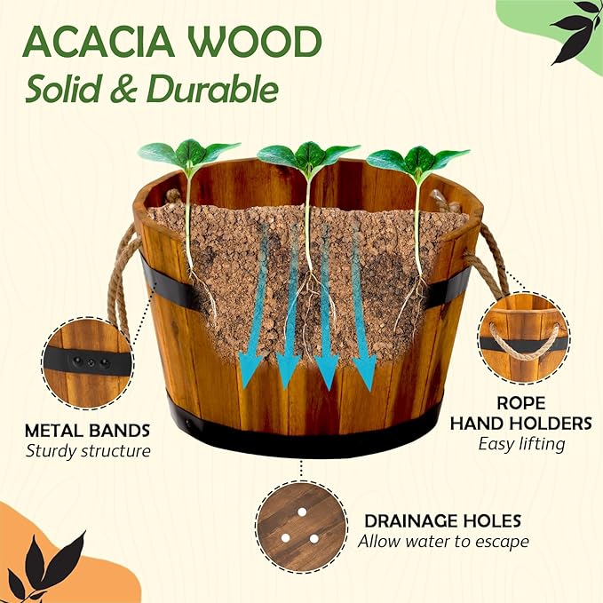 IDZO Set of 3 Wooden Flower Boxes Outdoor, Durable Acacia Wood Barrel Planters for Outdoor Plants with Ergonomic Handles, Drainage Holes, Multiple Sizes Wood Bucket Planter for Home Décor