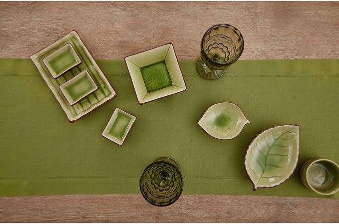Solino Home Linen Hemstitch Table Runner 36 Inches - 100% Pure Linen Avocado Green Table Runner 14 x 36 Inch Ideal for Dresser and Coffee Tables - Fall, Autumn, Thanksgiving - Classic Hemstitch
