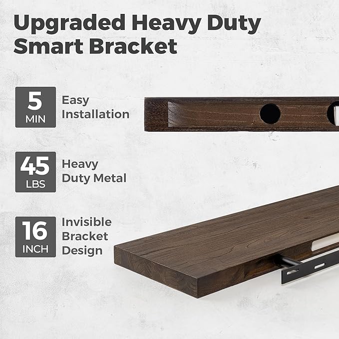 RICHFOCUS Elm Floating Shelves for Wall - 30" W x 9.3" D Rustic Solid Wood Shelves with Invisible Bracket, Wall-Mounted for Living Room, Bedroom, Kitchen Storage & Display, Set of 2, Walnut