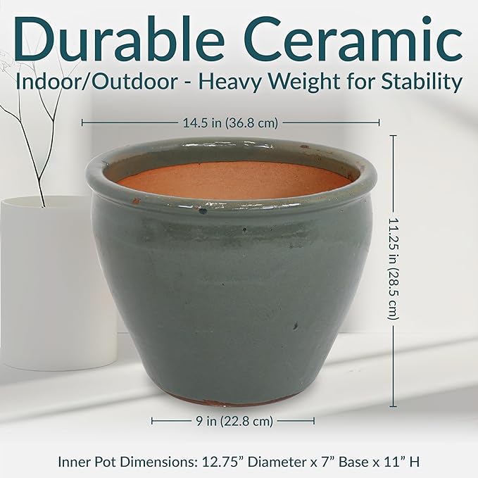 Sunnydaze Chalet Large Ceramic Plant Pot - Round Outdoor Glazed Ceramic Planter Pot with Drainage - Gray - 14.5"