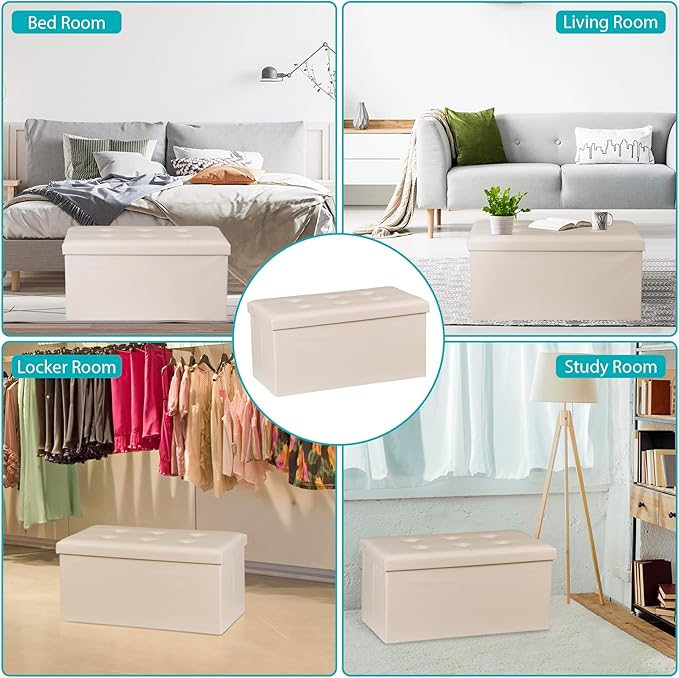SUPER DEAL Folding Storage Ottoman Bench, 30 Inches Footrest Storage Bin with Padded Seat, Entryway Shoe Bench for Living Room Bedroom, 30"x15"x15", Faux Leather, Beige