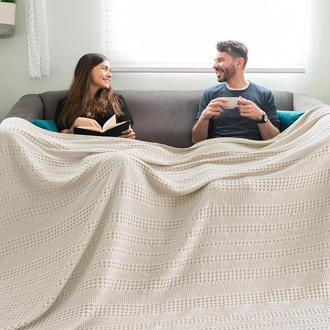 PHF Cooling Waffle Blanket California King Size, Lightweight 60% Rayon Derived from Bamboo & 40% Cotton Breathable Blanket for Hot Sleepers, Soft and Luxury for Bed Couch and Sofa, 110"x96", Linen