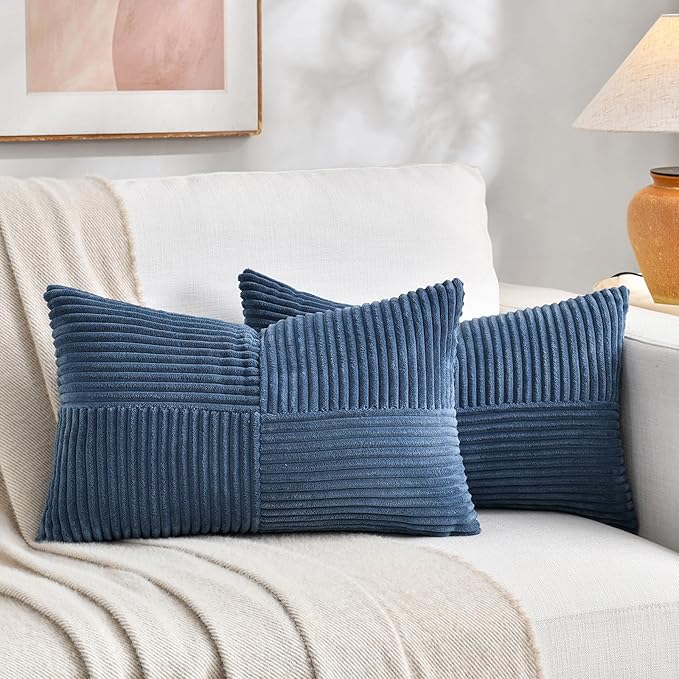 Fancy Homi 2 Packs Dusty Blue Long Lumbar Decorative Throw Pillow Covers 12x24 Inch for Couch Bed Sofa, Rustic Farmhouse Boho Home Decor, Soft Striped Corduroy Rectangle Accent Cushion Case 30x60 cm