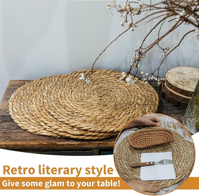 Defined Deco Woven Placemats Set of 4,13" Round Rattan Placemats,Natural Hand-Woven Water Hyacinth Placemats,Farmhouse Weave Place Mats,Rustic Braided Wicker Table Mats for Dining Table,Home,Wedding.