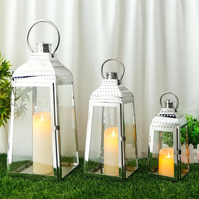 TRIROCKS Set of 3 Stainless Steel Candle Lanterns 20.5''&16''&12''H Decorative Candle Holders with Tempered Glass for Indoor Outdoor Porch Parities and Wedding(Silver)